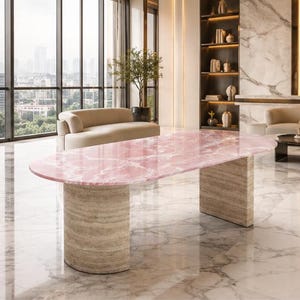 Luxury Pink Onyx Oval Dining Table, Custom Natural Stone Top, Modern Luxury Furniture