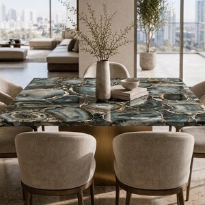 Custom Blue Green Agate Dining Table, Polished Stone Top, Modern Luxury Furniture