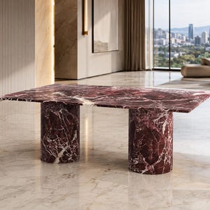 Rose Lavendo Marble Dining Table, Custom Rectangular Stone Top, Burgundy Veined Luxury Furniture