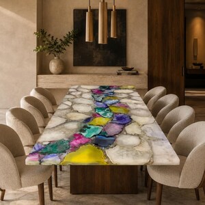 Custom Natural Agate Dining Table, Vibrant Mineral Bands, Luxury Modern Furniture
