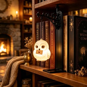 May include: A white owl-shaped lamp hanging from a black metal wall-mount bracket. The owl has large dark eyes and holds a small tan envelope in its beak. The lamp is positioned on a wooden shelf between several hardcover books with visible text.