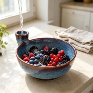 May include: A round, blue and brown glazed ceramic berry colander bowl with a built-in water spout and a central drainage cone. The bowl is filled with fresh raspberries, blueberries, blackberries, and red currants being rinsed by water.