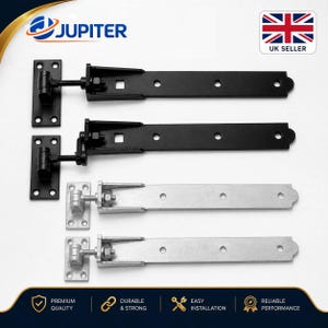 May include: Two black and two silver metal gate hinges with adjustable threaded bolts and rectangular mounting plates. Each hinge features a long, flat strap with three circular holes and one square hole, designed for heavy-duty gate installation.