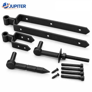 May include: A set of black metal gate hardware including two long strap hinges with square mounting holes, two pintle hinges with threaded bolts, and several matching black screws and bolts for installation, all featuring a matte finish.