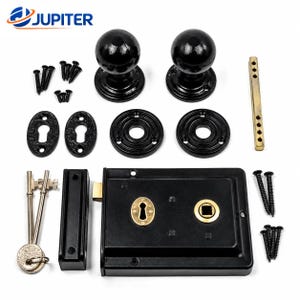 May include: A black door hardware set including two round knobs, two circular rosettes, two oval keyhole escutcheons, a rectangular mortise lock case with brass accents, a square spindle, two keys, and a collection of small black mounting screws.