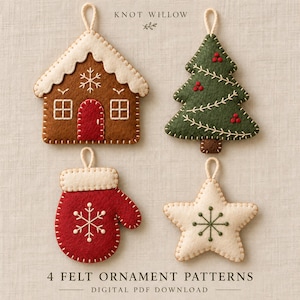 May include: Four felt ornaments featuring KNOT WILLOW text. Includes a brown gingerbread house with white roof, a green Christmas tree with red berries, a red mitten with a white snowflake, and a cream star with a green snowflake design.