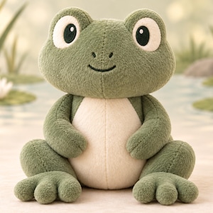 May include: A plush frog toy with soft olive green fur, a cream-coloured belly, and large white eyes with black pupils. The stuffed animal is in a seated position with its front limbs resting on its lap and its back legs splayed outward.