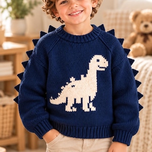 May include: A navy blue long-sleeve knit sweater featuring a large white dinosaur graphic on the front and a row of triangular spikes extending along the sleeves and back. The garment has a ribbed crew neckline, cuffs, and hem.