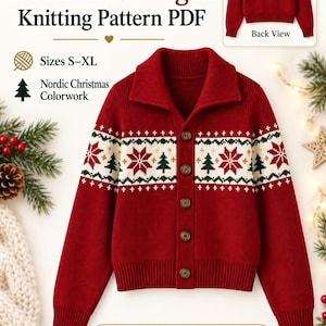 Peut inclure: Un gilet en tricot rouge avec un motif Fair Isle composé de motifs nordiques blancs et verts sur la poitrine. Le vêtement possède un col rabattu, cinq boutons marron, ainsi que des poignets et un ourlet côtelés. Le texte indique Christmas Fair Isle Cardigan Knitting Pattern PDF, Sizes S-XL, Nordic Christmas Colorwork et Digital Pattern 5-Button Cardigan.