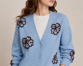 Women’s Floral Knit Cardigan, V-Neck Button Sweater, Blue Preppy Fall Winter Knitwear