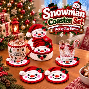 May include: A set of crocheted snowman coasters featuring white faces, orange carrot noses, black eyes, pink cheeks, and red hats with green holly accents. The set includes a matching round container and a pattern guide titled Snowman Coaster Set.