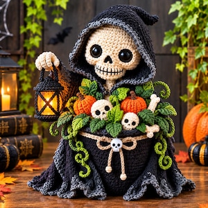 May include: A crocheted grim reaper figure wearing a black hooded cloak, holding a small black lantern with a glowing light. The figure sits behind a black cauldron filled with crocheted orange pumpkins, green leaves, and two small white skulls.