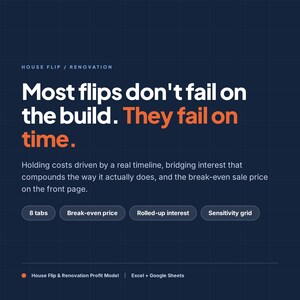 House Flipping Spreadsheet, Fix and Flip Calculator with Renovation Budget, Bridging Loan and Holding Costs, Flip Deal Analyzer for Excel