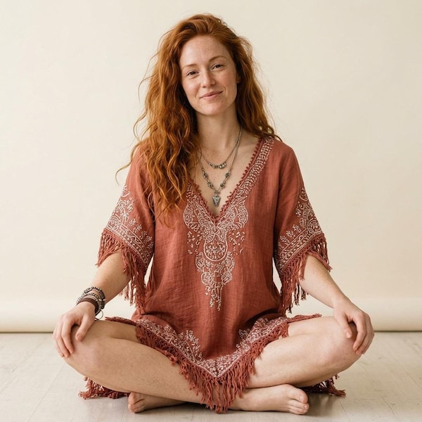 Boho Tunic Dress, Cotton Linen Blend With Embroidered V-Neck And Tassel Fringe