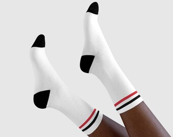 Retro Striped Crew Socks | White Socks with Pink Teal Accent
