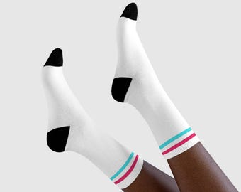 Retro Striped Crew Socks | White Socks with Pink Teal Accent