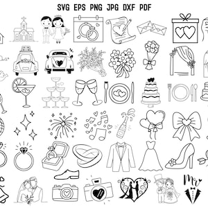 Puede incluir: Una colección de iconos de arte lineal en blanco y negro con temas de boda, incluyendo una iglesia, una pareja, anillos, un calendario, un corazón, sobres, un regalo, una cámara, un coche, flores, un arco, champán, pastel y un traje.