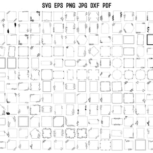 May include: A collection of black and white digital frames and borders in various shapes including rectangles, squares, hexagons, and arches, featuring botanical, floral, and geometric line art designs with the text SVG EPS PNG JPG DXF PDF.