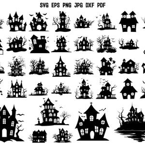Puede incluir: Una colección de siluetas negras que presentan varios diseños de casas encantadas, incluyendo estructuras con torres, chimeneas y ventanas, acompañadas de árboles desnudos, murciélagos y fantasmas, con el texto SVG EPS PNG JPG DXF PDF arriba.