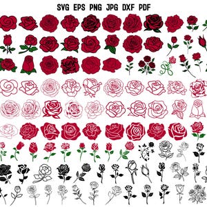 Può includere: Una collezione digitale di illustrazioni di rose con vari stili, tra cui forme rosse piene, contorni rossi e neri e disegni a linee nere. Il testo SVG EPS PNG JPG DXF PDF è visualizzato nella parte superiore dell'immagine.
