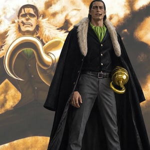 May include: A detailed action figure of a character with dark hair, a cigar in their mouth, and a scar across their nose. The figure wears a black coat with a beige fur collar, a green scarf, a black shirt, and gray trousers, featuring a gold hook hand.