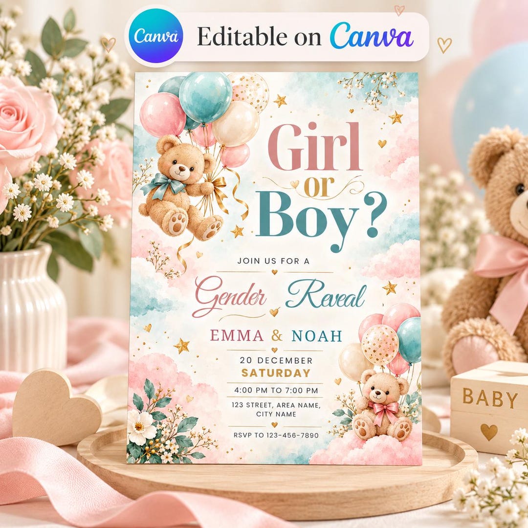 Teddy Bear Gender Reveal Invitation Template, Blue and Pink He or She ...