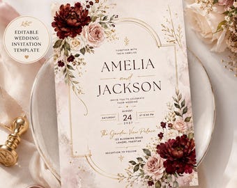 Wedding Invitation Template, Burgundy Blush Floral Wedding Evite, Editable Botanical Invitation, Luxury Wedding Suite, Custom Printable Card