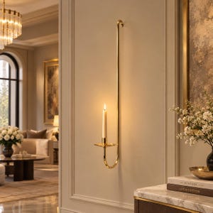 May include: A tall, slender, gold-toned metal wall-mounted candle holder featuring a long vertical rod that curves at the bottom to form a circular drip tray and candle cup, holding a single lit white taper candle against a neutral wall.