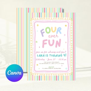 May include: A rectangular birthday invitation card featuring a pastel striped border and a central white panel with the text FOUR EVER FUN, join us for whimsy and fun, LARA IS TURNING 4, Saturday June 27 02:30 pm, THE HUSHLY RESIDENCE 123 ANYWHERE ST, ANY CITY, ST 12345, RSVP TO LARA'S MOM AT 123.456.7890.