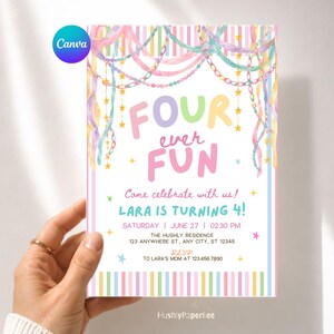 Pode incluir: Um convite de aniversário retangular com bordas listradas em tons pastel e guirlandas de estrelas e serpentinas em estilo aquarela. O texto diz FOUR EVER FUN, Come celebrate with us! LARA IS TURNING 4! com detalhes do evento e RSVP.