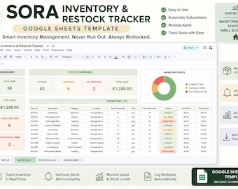 May include: A digital Google Sheets template titled SORA Inventory & Restock Tracker. The interface displays a dashboard with stock overview metrics, a pie chart for inventory status, and a detailed inventory list with item names, quantities, and values.