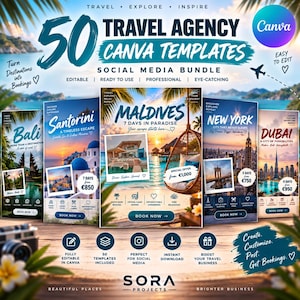 Op de afbeelding: Een digitaal marketingpakket met 50 Canva-sjablonen voor reisbureaus. De afbeelding toont vijf verticale social media-graphics voor Bali, Santorini, de Malediven, New York en Dubai, met tekstoverlays, prijzen en reisthema-afbeeldingen.