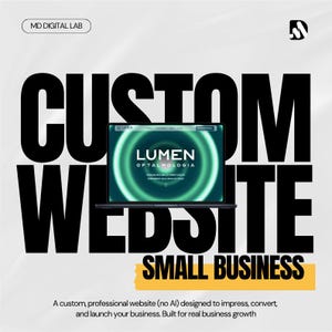 Könnte beinhalten: Ein Laptop-Bildschirm zeigt die Website von Lumen Oftalmologia mit grünen kreisförmigen Grafiken. Der Hintergrund zeigt den großen schwarzen Text CUSTOM WEBSITE SMALL BUSINESS, mit MD DIGITAL LAB und einem Logo. Ein gelbes Rechteck hebt den Text hervor.