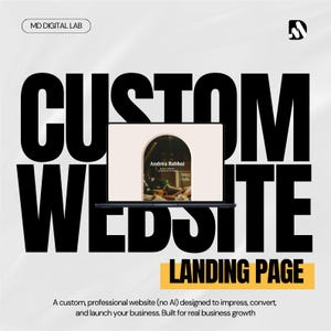 Può includere: Un grafico digitale che mostra un computer portatile con un sito web che presenta un'immagine ad arco e il testo Andrea Rabbai. Un grande testo nero recita CUSTOM WEBSITE LANDING PAGE. Gli angoli superiori mostrano MD DIGITAL LAB e un logo. Il testo in basso recita A custom, professional website (no AI) designed to impress, convert, and launch your business. Built for real business growth.