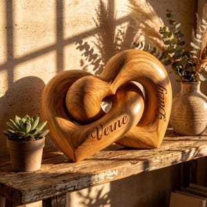 May include: A light brown wooden sculpture featuring two interlocking heart shapes with a smooth, polished finish. The names Verne and Daisy are engraved in a cursive script on the front surfaces of the wooden hearts, highlighting the natural grain.
