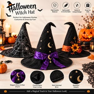 Pode incluir: Três chapéus de bruxa pretos com designs distintos: um com padrão de teia de aranha prateada, um com detalhes de lua e estrela douradas e fita roxa, e um adornado com tecido laranja, um girassol e bagas na aba.