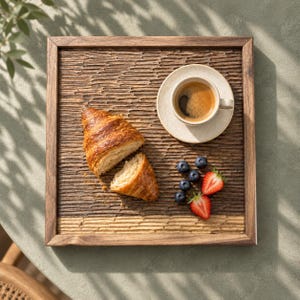 Puede incluir: Una bandeja de servicio cuadrada de madera con un marco marrón oscuro y una superficie tallada y texturizada con ranuras horizontales. La bandeja contiene un cruasán cortado, una taza de café de cerámica con su plato, cuatro arándanos y dos mitades de fresa.