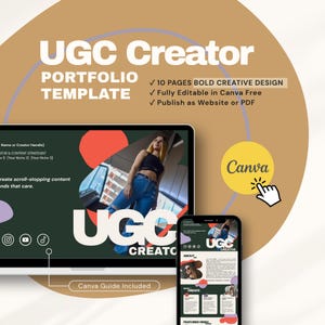 May include: A digital UGC Creator portfolio template featuring 10 pages with a bold creative design. The template is fully editable in Canva Free and can be published as a website or PDF. Includes a Canva guide for customization and layout.
