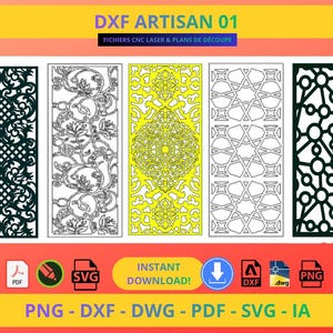 May include: A digital collection titled DXF ARTISAN 01 featuring five rectangular panels with intricate laser-cut patterns including floral, geometric, and circular motifs. The set includes file formats such as EPS, PDF, SVG, DXF, DWG, PNG, and PSD.