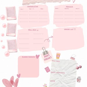 Może przedstawiać: Cyfrowa strona planera w odcieniach różu z nagłówkiem Brain Dump, sekcjami Communication, Purchase, Meal Ideas, Grocery List, Random Thoughts oraz liniowanym obszarem na Ideas, Goals, Events, Appointments i Look Up z różnymi ikonami.