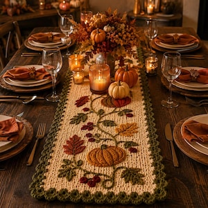 Fall Table Runner Crochet Pattern | Pumpkin Vine Applique PDF | Autumn Thanksgiving Decor | Beginner Friendly Digital Download