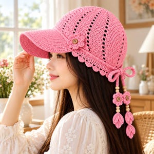 May include: A bright pink crocheted baseball cap featuring a scalloped edge, a stiff brim, and a decorative flower accent on the side. The back includes a bow with dangling crocheted flower and leaf charms accented with small wooden beads.