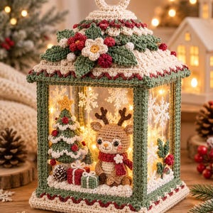 Pode incluir: Uma lanterna decorativa com moldura de crochê em creme e verde com detalhes em vermelho. O topo é adornado com flores e folhas de crochê. Dentro, uma rena e uma árvore de Natal de crochê repousam sobre uma base nevada com luzes.