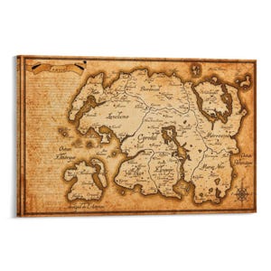 May include: A rectangular wall art print featuring a vintage-style map of Tamriel with sepia-toned parchment paper texture. The map displays various regions including Cyrodiil, Morrowind, and Elsweyr with detailed black ink topography and text.