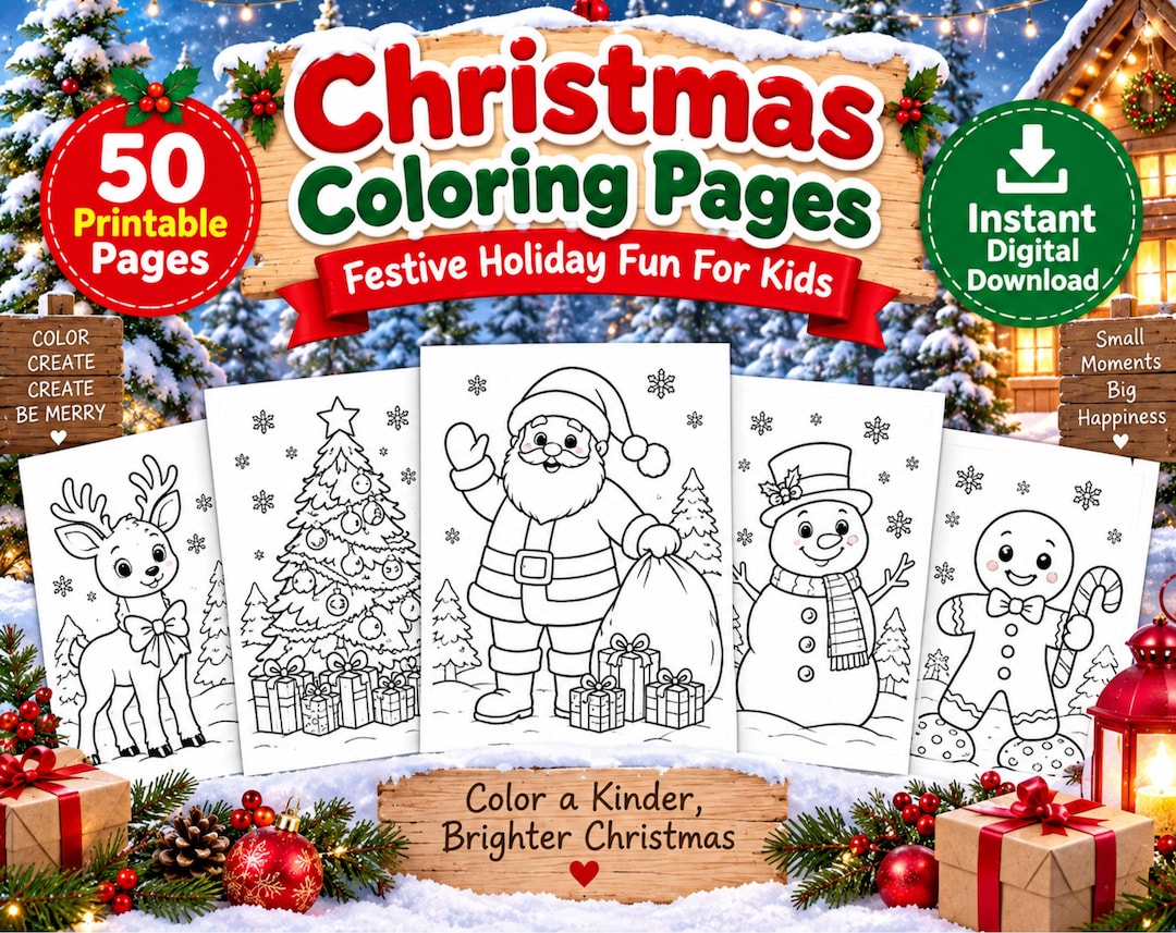 Christmas Coloring Pages for Kids, 50 Printable Holiday Coloring Book ...