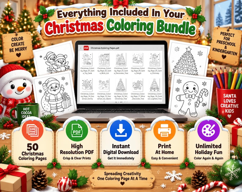 Christmas Coloring Pages for Kids, 50 Printable Holiday Coloring Book ...