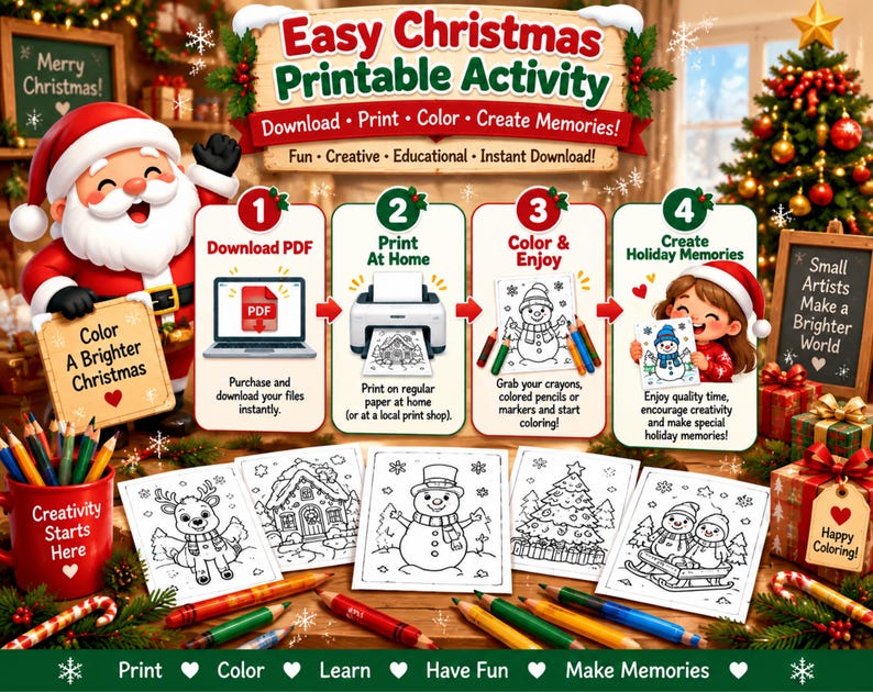 Christmas Coloring Pages for Kids, 50 Printable Holiday Coloring Book ...