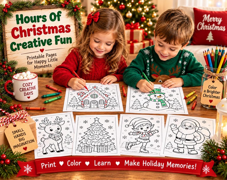 Christmas Coloring Pages for Kids, 50 Printable Holiday Coloring Book ...