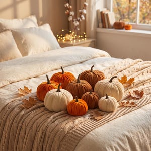May include: A collection of nine decorative fabric pumpkins in shades of orange, brown, and cream, arranged on a beige knitted throw blanket. The pumpkins feature ribbed textures and dark stems, accompanied by scattered dried autumn maple leaves.