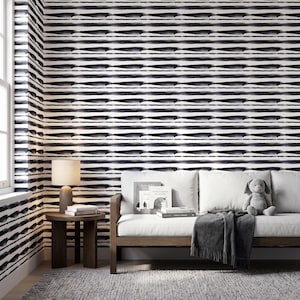 Black and Gray Ink Stripe Wallpaper - Painterly Horizontal Lines, Peel & Stick Option
